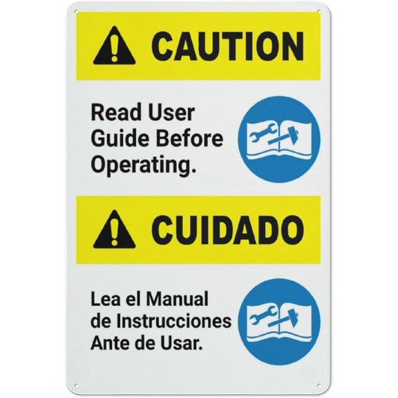 Caution Read User Guide Before Operating Bilingual Spanish Aluminum Metal Tin Sign 8"x12" - Safety Restriction Alert Warning Plate, Bilingual User Guide Sign