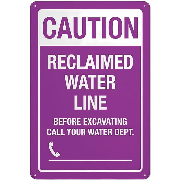 Caution - Reclaimed Water Line Sign, 8"x12" Rustproof Aluminum Metal, Multicolor Utility for Before Excavating Call Water Dept.