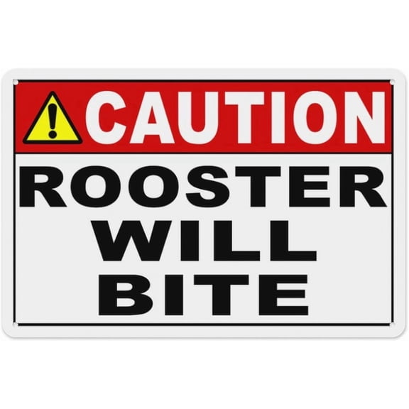 Caution Rooster Will Bite Sign 8"x12", Aluminum Tin Warning Signs for Home Outdoor Garden, Weatherproof Safety Sign for Farm