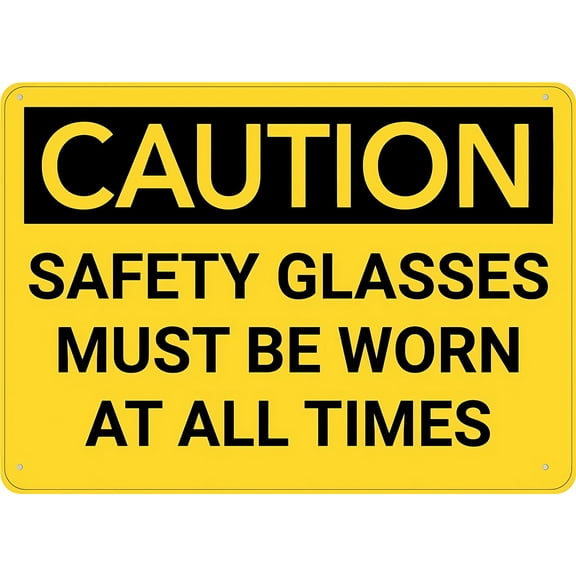 Caution Safety Glasses Worn at All Time Sign 12 x 8 Inches - UV Printed Aluminum, Weatherproof Security Sign, Fits Home, Business, Outdoor Workshop