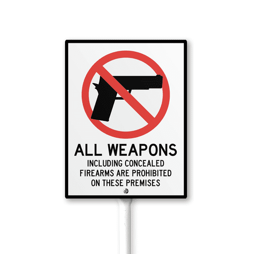 Caution Safety Sign All Weapons Prohibited Sign with Stake 7x8.8inch Aluminum Outdoor Decoration Sign Rustproof Sturdy Aluminum Sign for Outdoor Use Easy Install Set of 1