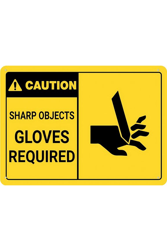 Caution Sharp Objects Gloves Required Graphic Metal Sign 12 x 8 Inches - Rust-Free Aluminum, UV Printed, Easy to Mount, Weather Resistant for Fence, Warehouse
