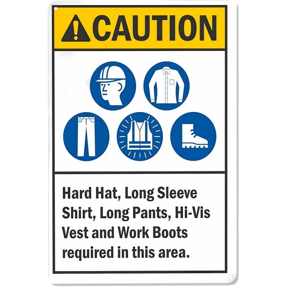 Caution Sign Construction Area (Hard Hats, Ear/Eye Protection) - 8"x12" Tin Metal Warning Sign, Construction Safety Decor for Home Farm Bar Coffee Shop Club Job Site