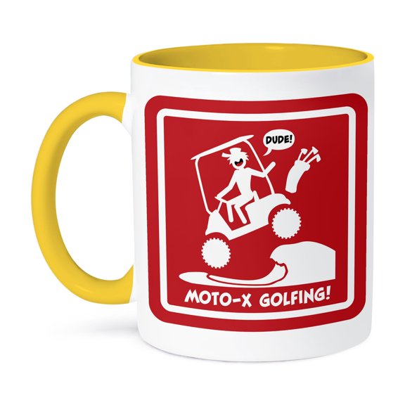 3dRose, caution sign of moto-x golf cart over a sand trap, stickman driving, 11oz Two-Tone Yellow Mug