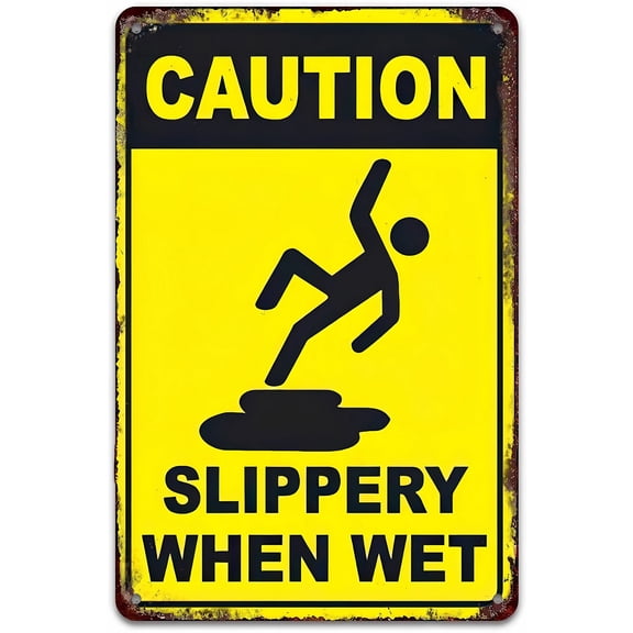 Caution Slippery When Wet Metal Tin Sign - 8"x12", Art Decor Plaque for Home, Living Room, Man Cave, Kitchen, Hotel, Garden, Office, Store, Unique Gift Idea