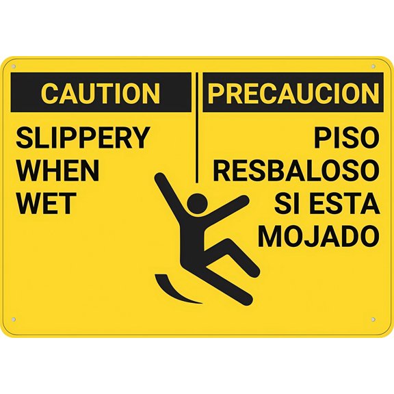 Caution Slippery When Wet Bilingual Spanish Metal Aluminum Sign 12 x 8 Inches - Weather Resistant, Waterproof, Indoor Outdoor Use for Home, Business