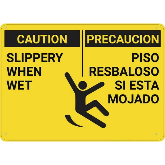Caution Slippery When Wet Bilingual Spanish Sign 12X8 Inches Metal Aluminum Signs, Weather Resistant, Weatherproof, Indoor Or Outdoor