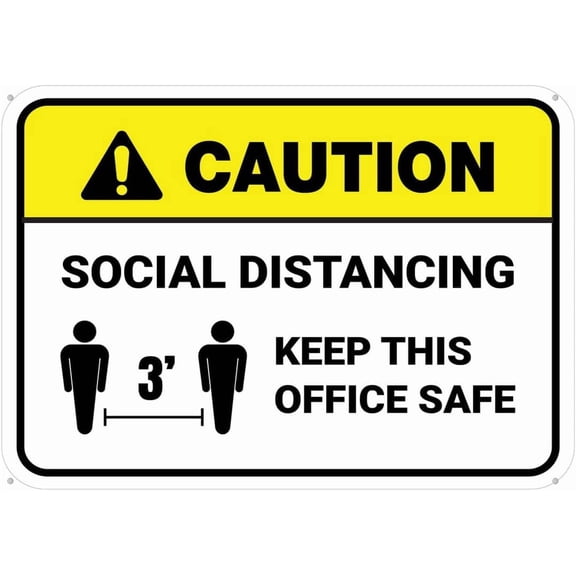 Caution Social Distancing Keep This Office Safe 3Ft Rectangular Floor Sign Metal 12X8 Inch Rust Free Aluminum, Uv Printed, Easy To Mount Weather Resistant For Fence