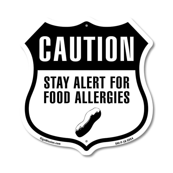 Caution Stay Alert for Food Allergies 12 inch X 12 inch Shield-Shaped Rust-Free Aluminum Metal Sign Weather Resistant Made in the USA