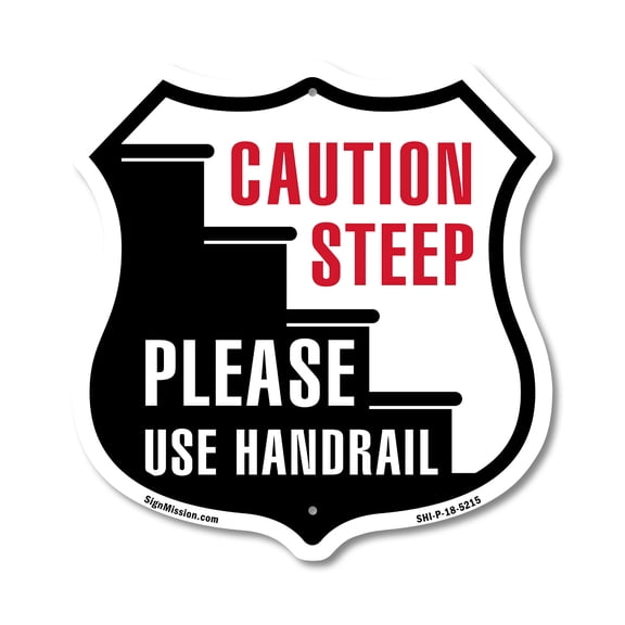 Caution Steep Stairs Please Use Handrail (2 Pack) 12 inch X 12 inch Shield-Shaped Rust-Free Aluminum Metal Signs Weather Resistant Made in the USA