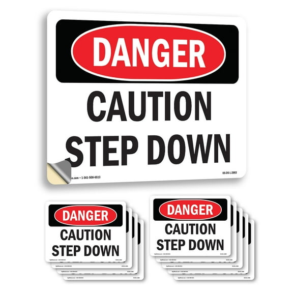 Caution Step Down OSHA Danger Vinyl Decal Label 14 Inch x 10 Inch - 10 Pack