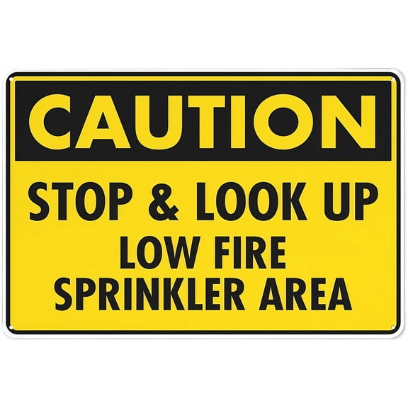 Caution Stop Look Up Low Fire Sprinkler Sign, 8"x12" Aluminum Safety Warning Sign, Indoor Outdoor Fire Sign