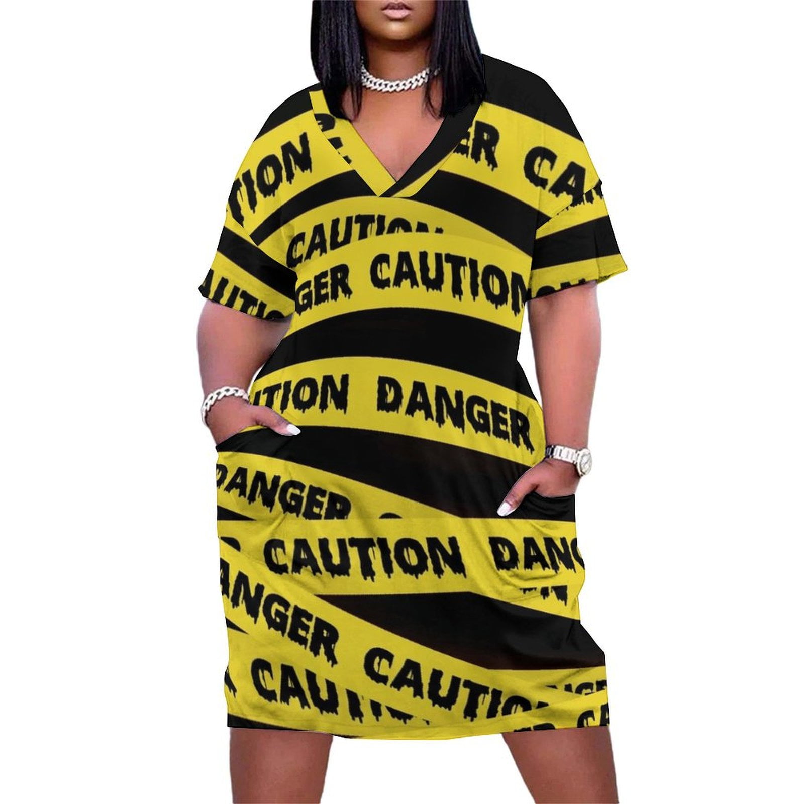 Caution Tape Danger Crime Scene Tape Loose Pocket Dress Clothing summer