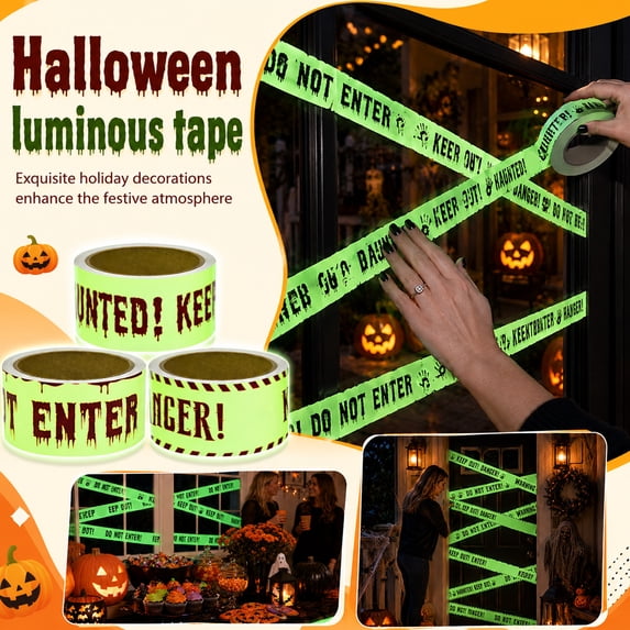 Caution Tape Halloween Glow in The Dark Tape 3.5 Inch Do Not Enter Tape Scary Haunted House Decoration for Spooky Halloween Party Indoor and Outdoor Use, 1 Pack