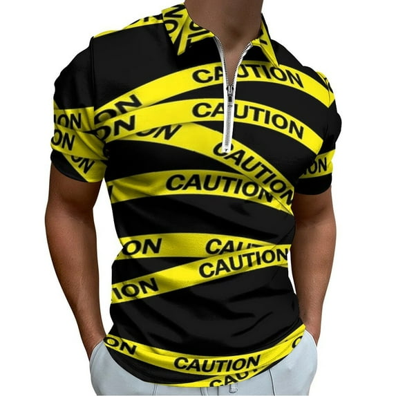 Caution Tape Men Zipper T-shirt Summer Casual Short Sleeve T-shirt Top