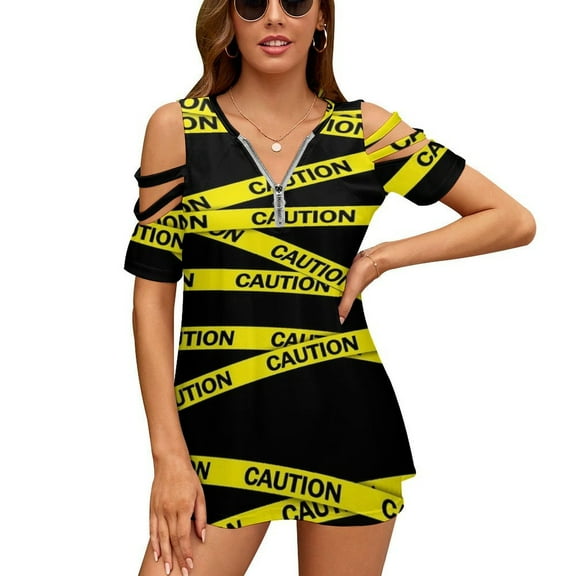 Caution Tape Womens Summer V Neck Zipper Top Short Sleeve T Shirt Off Shoulder Top Casual Classy Loose Shirts