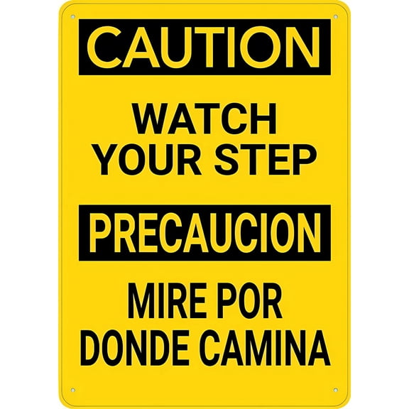 Caution Watch Your Step Bilingual Wall Metal Aluminum Sign 12 x 8 Inches - Pre-Drilled Holes for Easy Mounting, Indoor Outdoor Use for Fence, Door