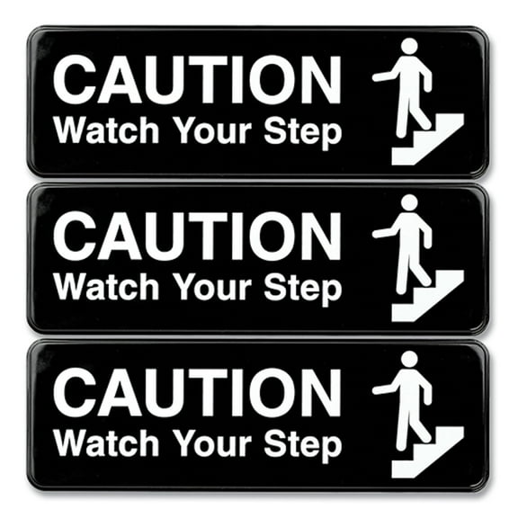 Caution Watch Your Step Indoor/Outdoor Wall Sign, 9" x 3", Black Face, White Graphics, 3/Pack | Bundle of 2 Packs