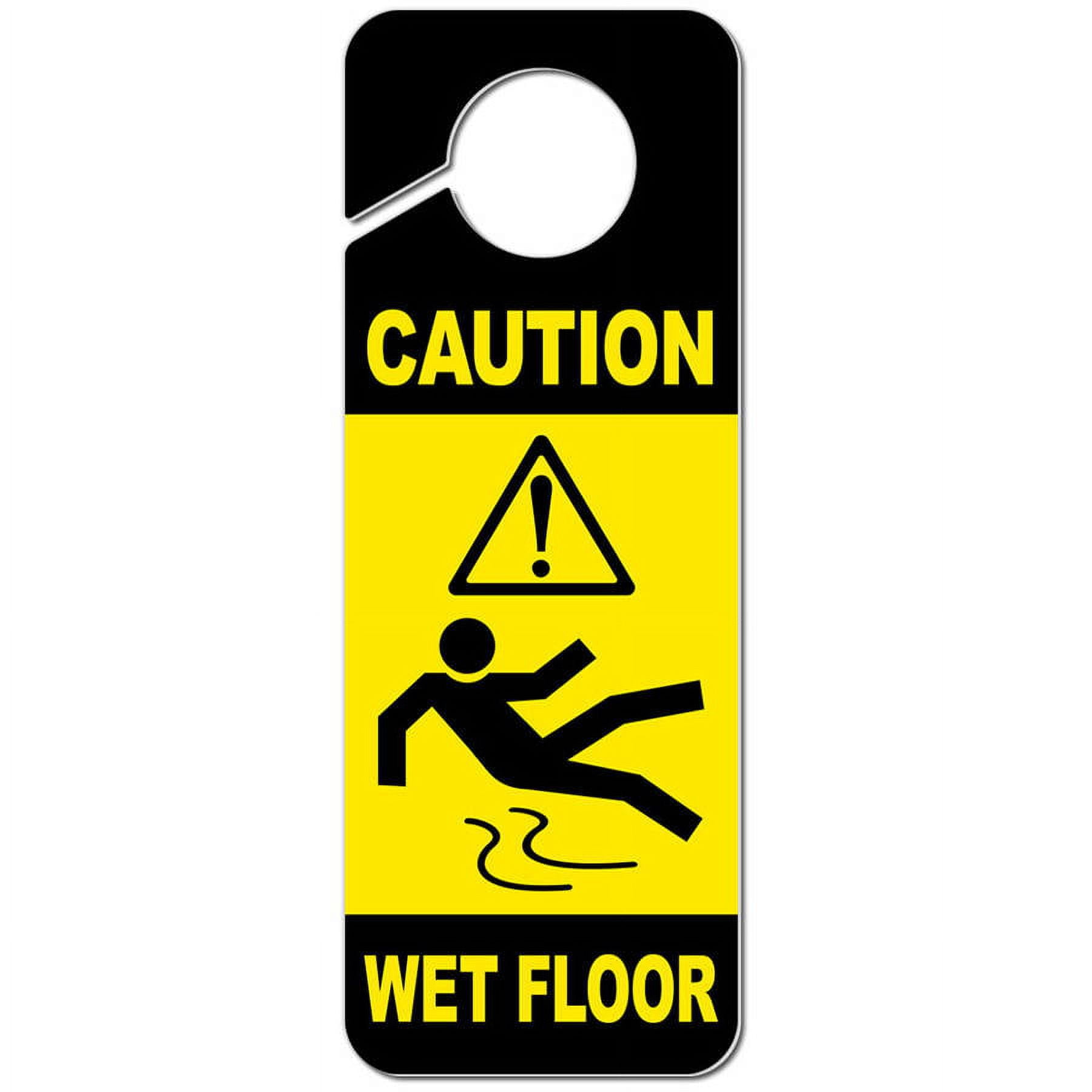 Caution Wet Floor Hanging Door Signs - 4 Pack, 9x5 Inch, Thick Plastic, Made In USA