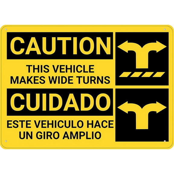Caution Wide Turns Bilingual Spanish Metal Sign 12 x 8 Inches - Rust-Free Aluminum, UV Ink Printing, Durable Weatherproof Outdoor Use for Home