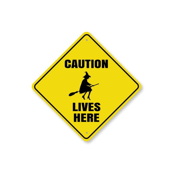 Caution Witch Lives Here Diamond Aluminum Metal Decor Sign - 12" x 12"