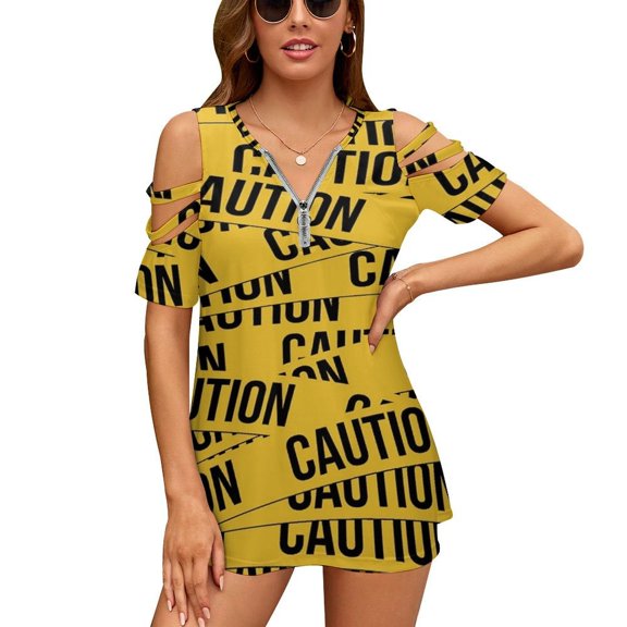 Caution Womens Summer V Neck Zipper Top Short Sleeve T Shirt Off Shoulder Top Casual Classy Loose Shirts