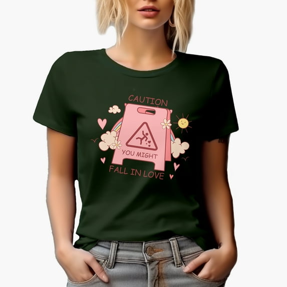 Caution You Might Fall in Love, Funny Warning Sign, Retro Valentine's Day Gift, Military Green T-Shirt, XL