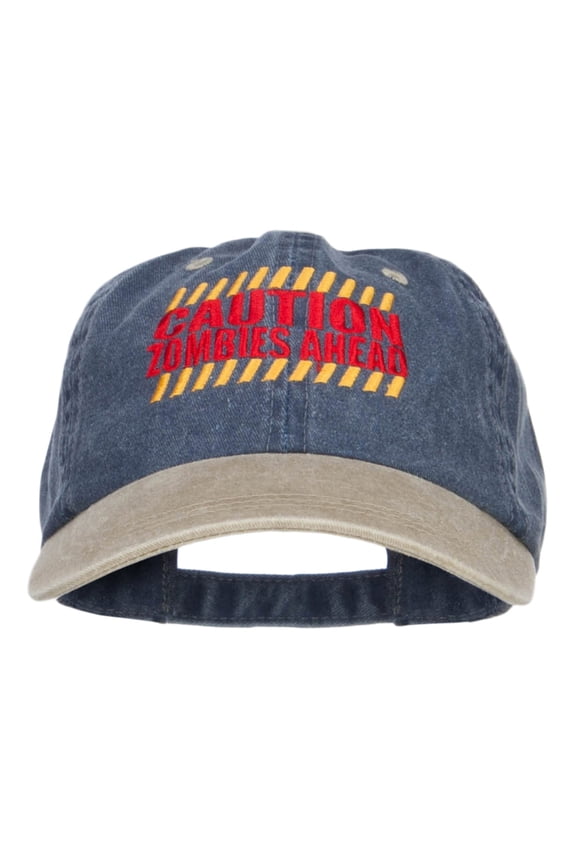 Caution Zombie Ahead Embroidered Dyed Washed Cap - Navy Khaki OSFM