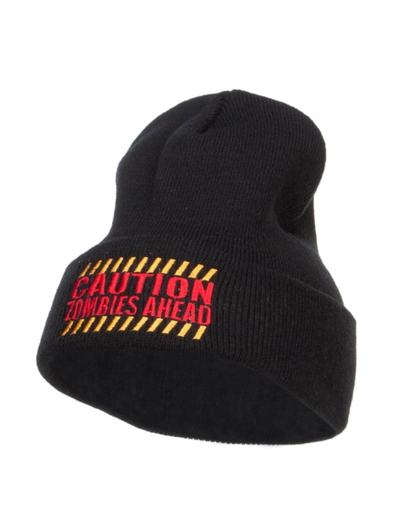 Caution Zombies Ahead Embroidered Long Beanie - Black OSFM