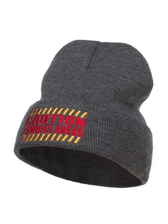 Caution Zombies Ahead Embroidered Long Beanie - Dk Grey OSFM