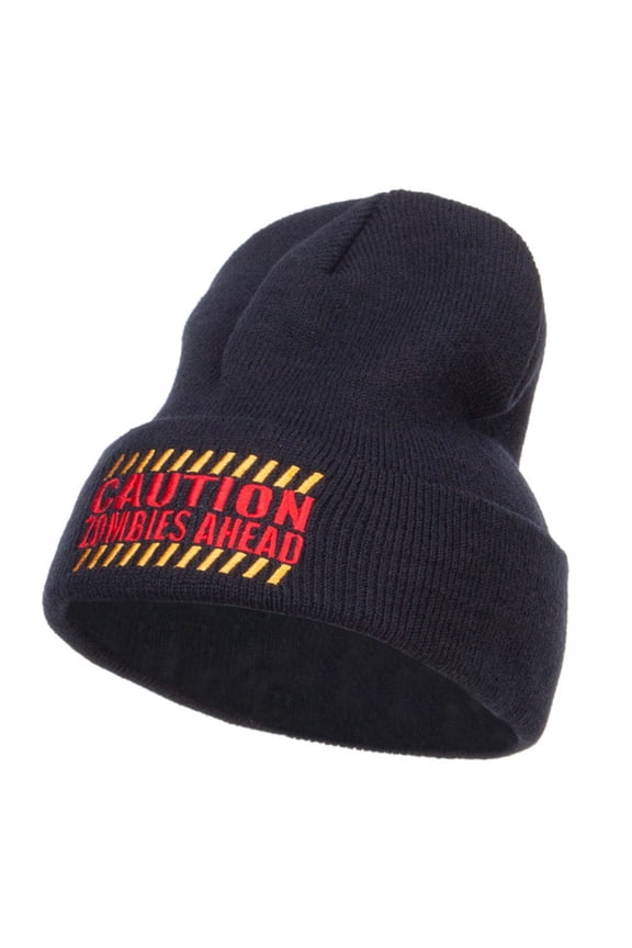 Caution Zombies Ahead Embroidered Long Beanie - Navy OSFM
