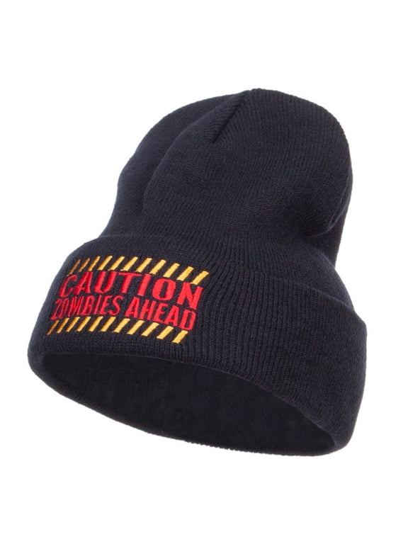 Caution Zombies Ahead Embroidered Long Beanie - Navy OSFM