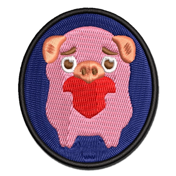 Cautious Pig with Heart in Hands Applique Multi-Color Embroidered Iron-On Patch - 2.0 Inch Mini