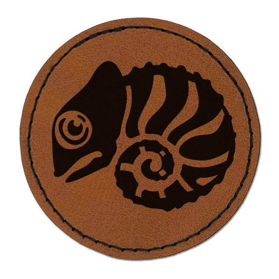 Cautiously Curled Chameleon Lizard 2.5" Faux Leather Round Engraved Iron-On Patch - Brown