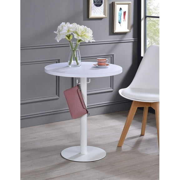 Cava Round Solid Wood Coffee Table with Metal Base and Hooks for Bags Purses, White