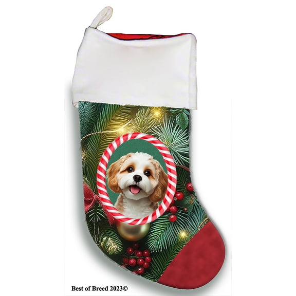 Cavachon- Best of Breed Christmas Stocking 13.5" Red Gaming Cloth with Red Lining ,Plush White Cuff