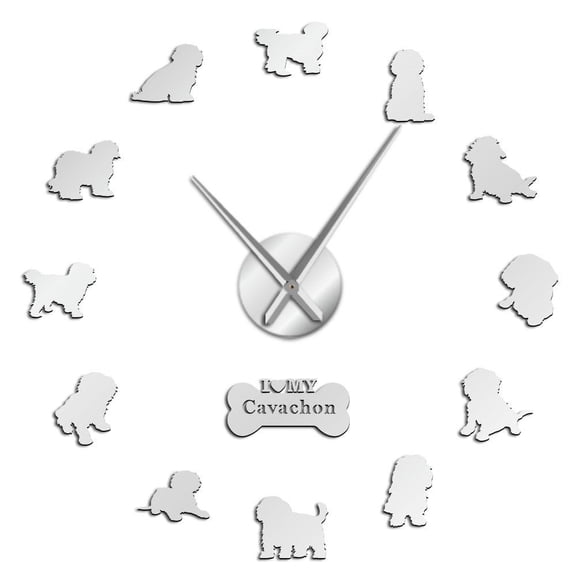 Cavachon Dog Breed Silouette Frameless Wall Clock Stickers, DIY Modern Decorative Clocks for Living Room, Bedroom, Office - Easy to Install, Large 3D Clock Design (Silver,47in)