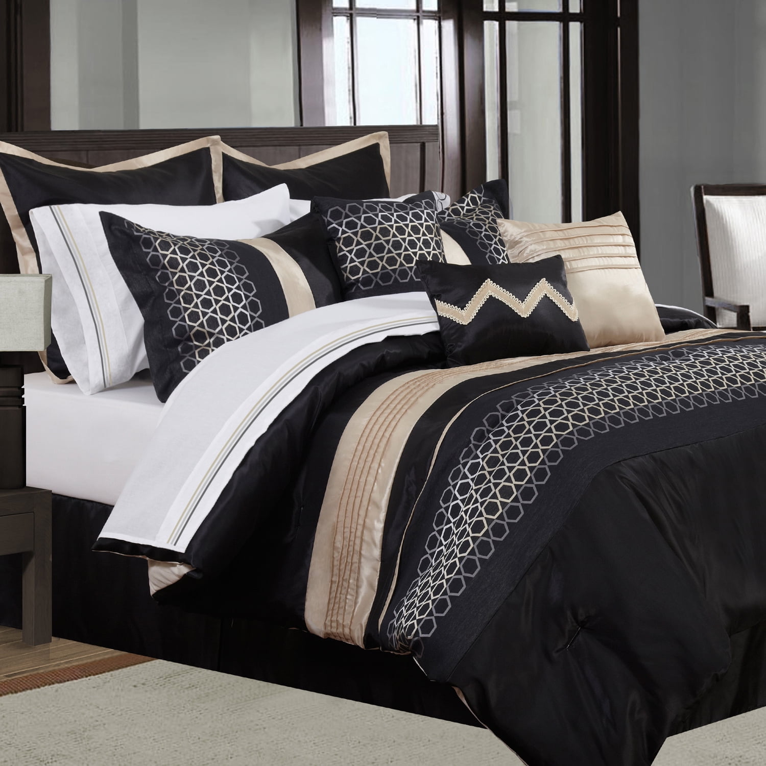 Black and Champagne Queen Down Alternative Microfiber Comforter Set