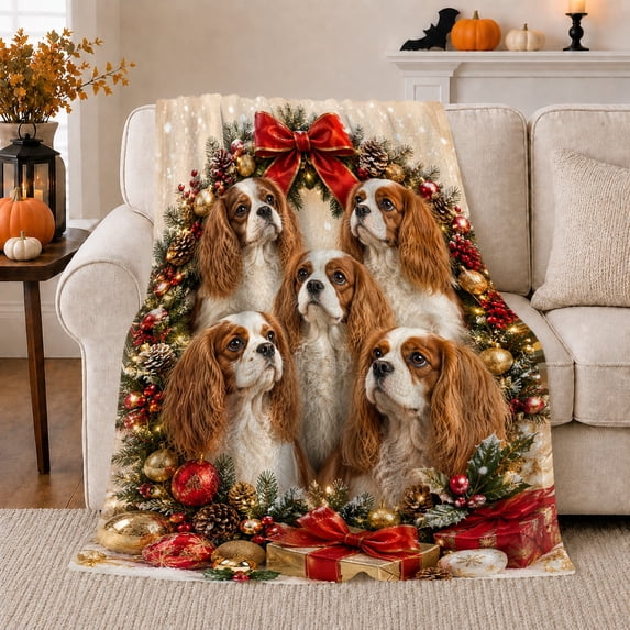 Cavalier Charles Spaniels Christmas Scene, Festive Pet Portrait Pattern, Warm Flannel Blanket for Living Room and Bedroom, Dog Lovers person's Day Gift, Pet Lover Home Decor