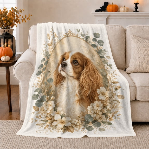 Cavalier Dog Portrait with White Flowers, Elegant Vintage Style for Dog Lovers, Eucalyptus Floral Frame and Birthday Gift, Cozy Flannel Blanket for Bedroom and Guest Room, Pet Home Decor