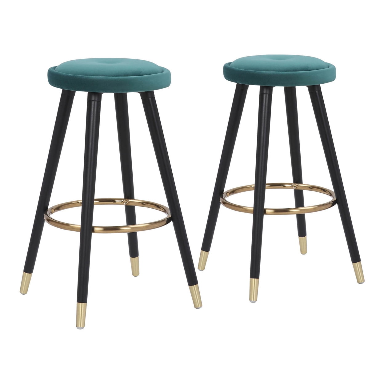 Teal Velvet and Black Wood Backless Counter Stools, Set of 2