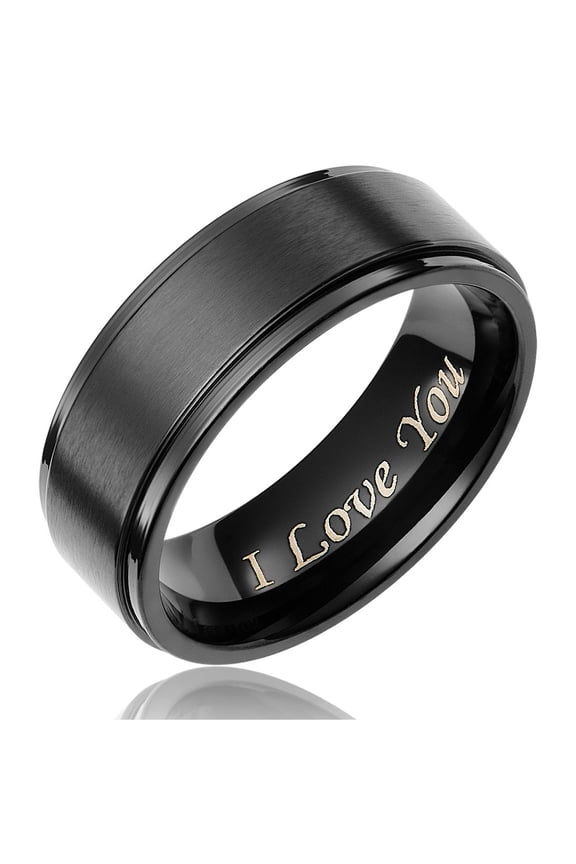 Black Plated Titanium Wedding Band, "I Love You", 8MM Comfort Fit Ring, Titanium
