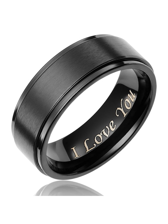 Black Plated Titanium Wedding Band, "I Love You", 8MM Comfort Fit Ring, Titanium