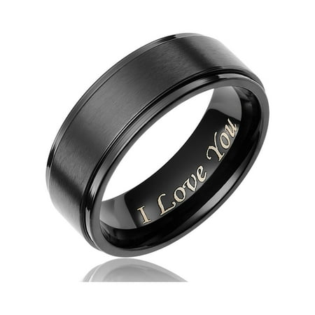 Cavalier Jewelers Mens Wedding Band in Titanium 8MM Black Plated Ring - Engraved I Love You