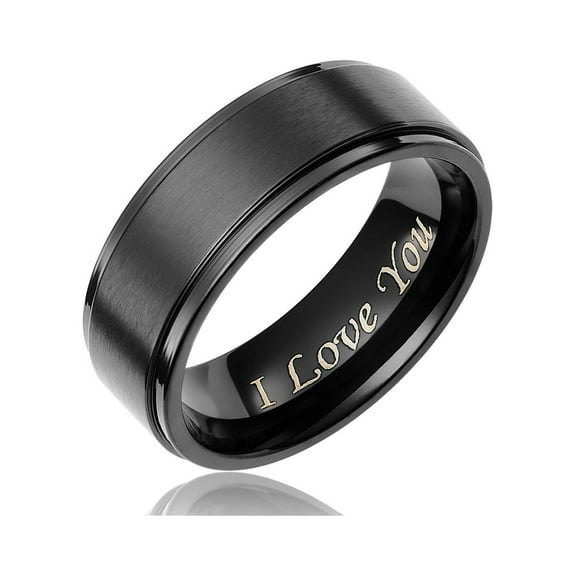 Cavalier Jewelers Mens Wedding Band in Titanium 8MM Black Plated Ring - Engraved I Love You