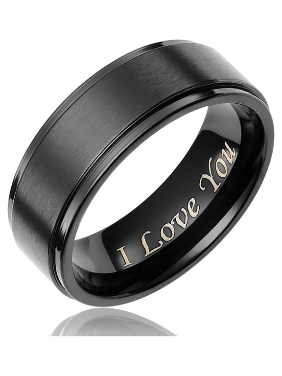 Mens Wedding Band in Titanium 8MM Black Plated Ring - Engraved I Love You