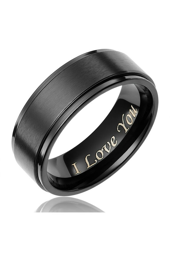 Mens Wedding Band in Titanium 8MM Black Plated Ring - Engraved I Love You