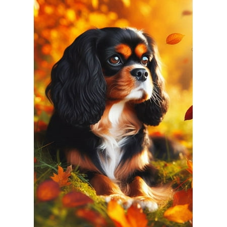 Cavalier King Charles Black/Tan - Best of Breed DCR Falling Leaves Garden Flag 12" x 17"