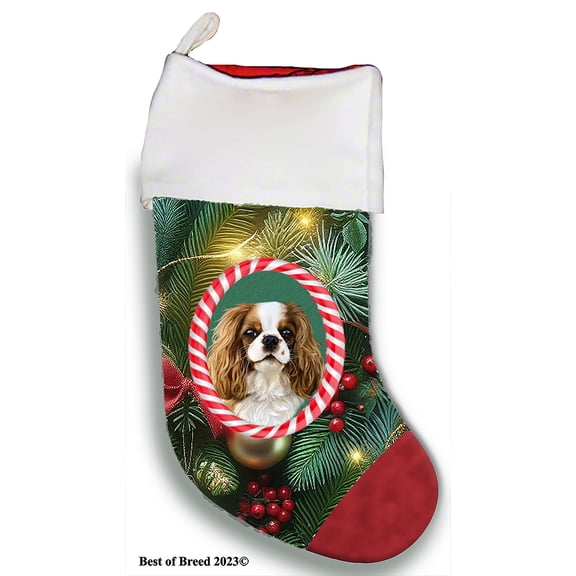 Cavalier King Charles Blenheim - Best of Breed Christmas Stocking 13.5" Red Gaming Cloth with Red Lining ,Plush White Cuff