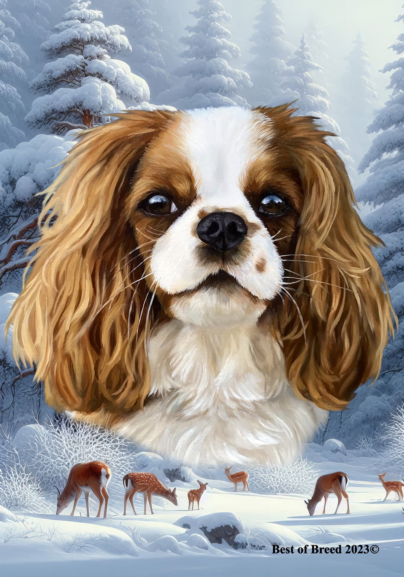 Cavalier King Charles Blenheim Best of Breed Winter Wonderland Garden